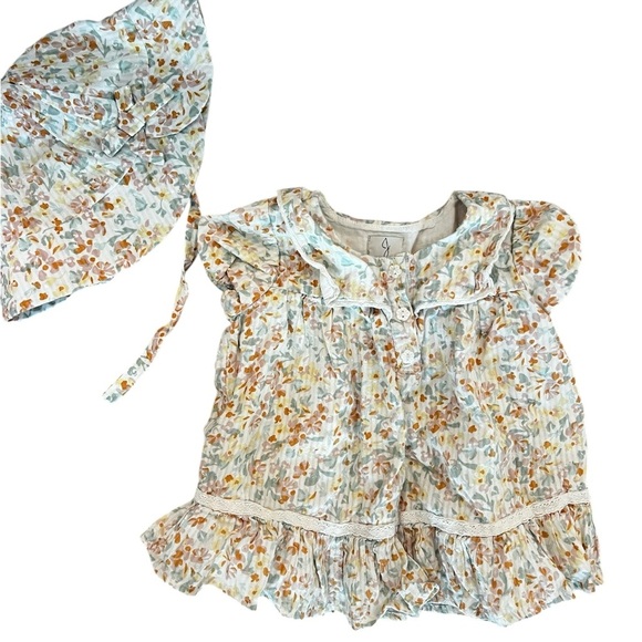 Joie Floral Stripes 100% Cotton Dress Set Size 24 Months Lace Collar - Picture 1 of 6